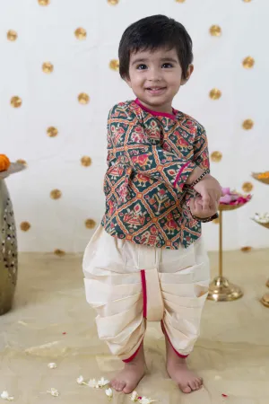 Baby Boy Patola Print Cotton Dhoti Kurta Set - Green