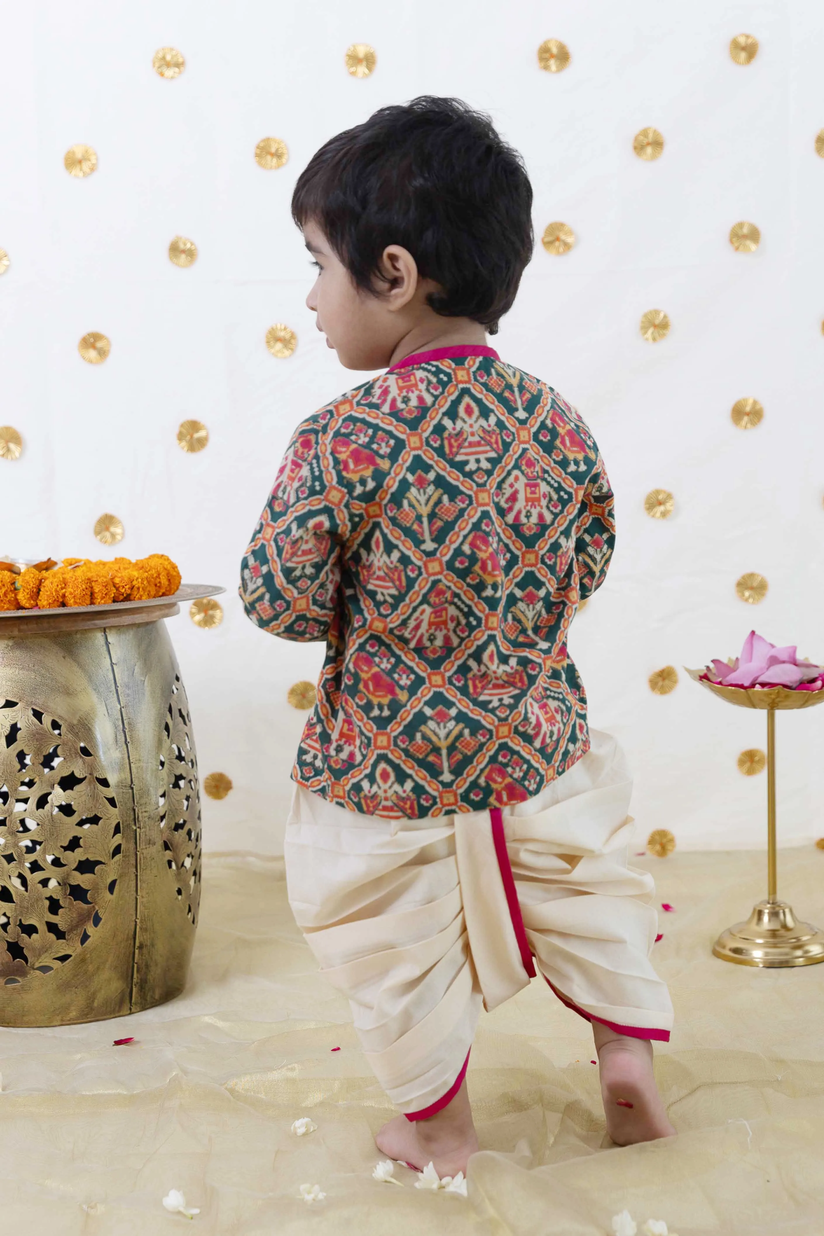 Baby Boy Patola Print Cotton Dhoti Kurta Set - Green