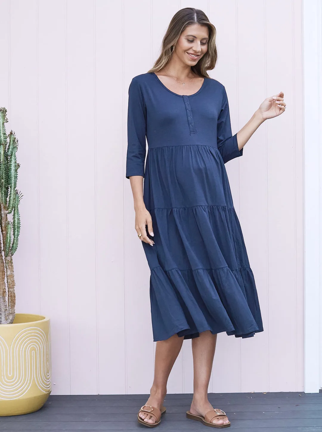 'Bamboo Comfort' Tiered Nursing Dress - Navy