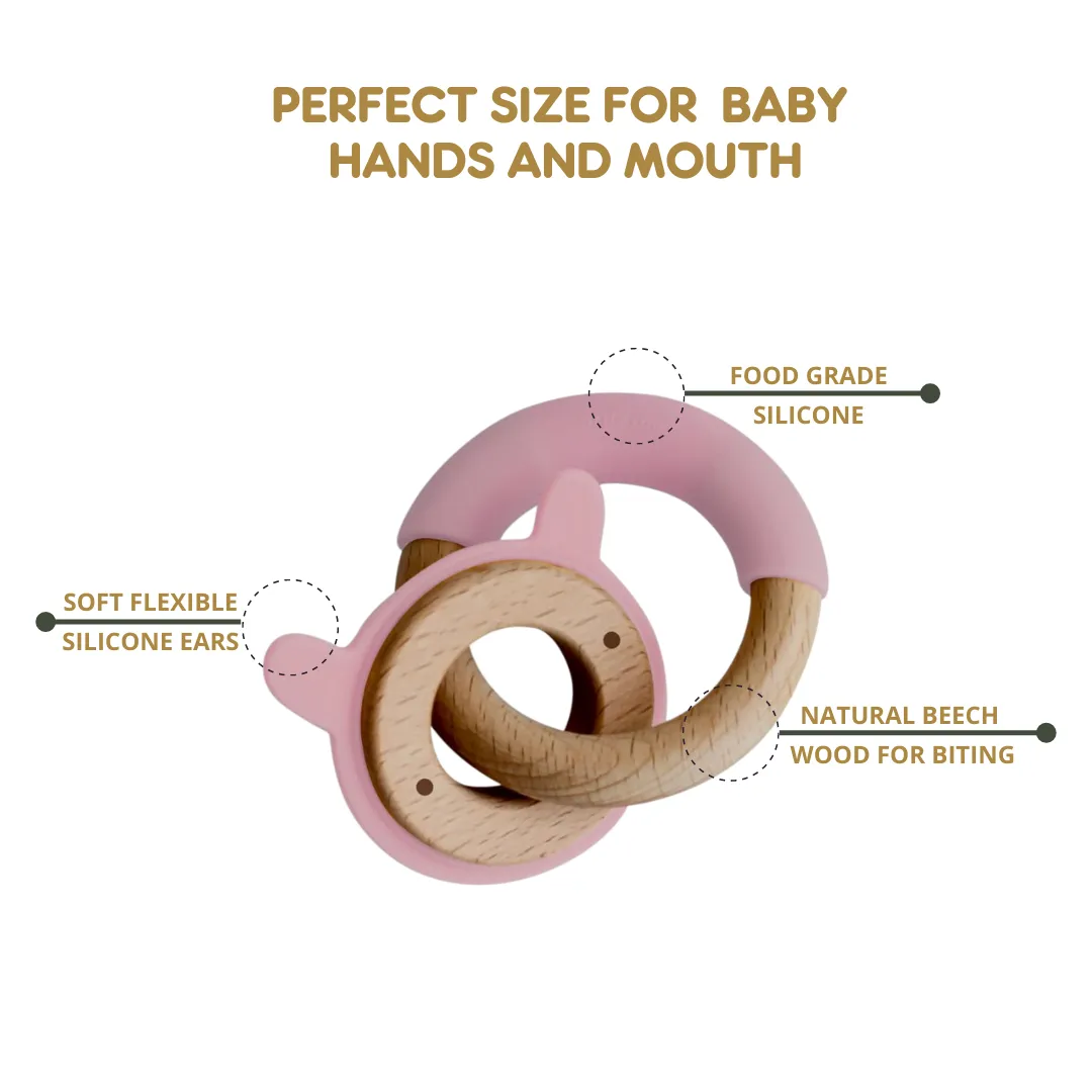 Little Rawr Wood   Silicone Disc & Ring Teether - RABBIT Shape- Pink