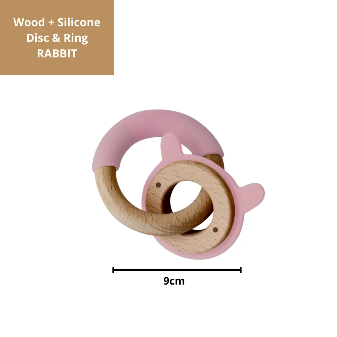Little Rawr Wood   Silicone Disc & Ring Teether - RABBIT Shape- Pink