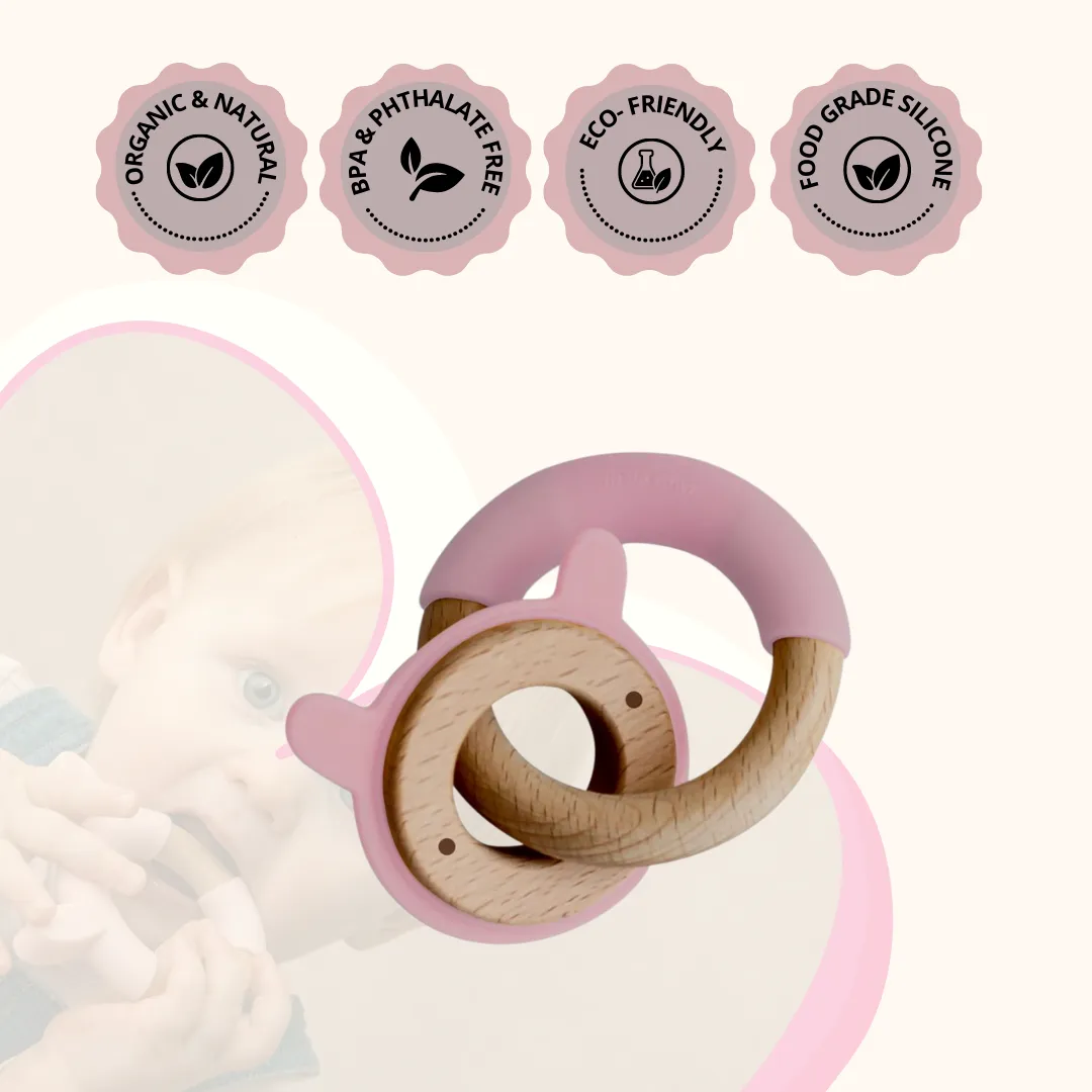 Little Rawr Wood   Silicone Disc & Ring Teether - RABBIT Shape- Pink