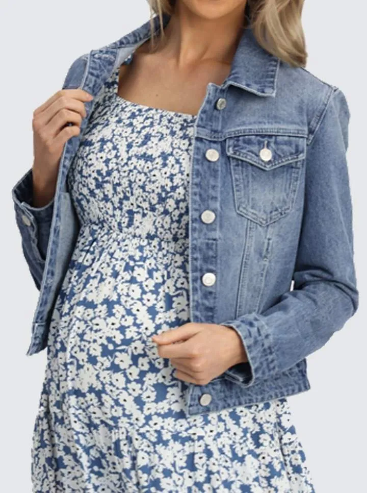 Maternity Blue Floral Print Maxi Dress with Shoulder Tie