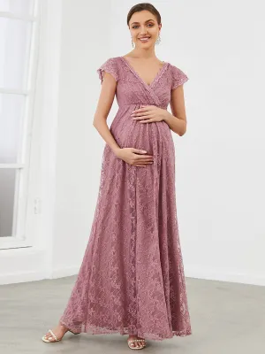 Robe de maternité A-ligne en dentelle à col en V et manches courtes