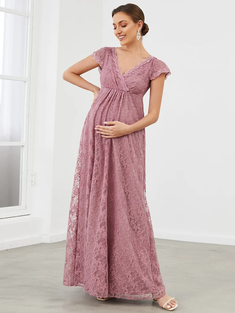 Robe de maternité A-ligne en dentelle à col en V et manches courtes