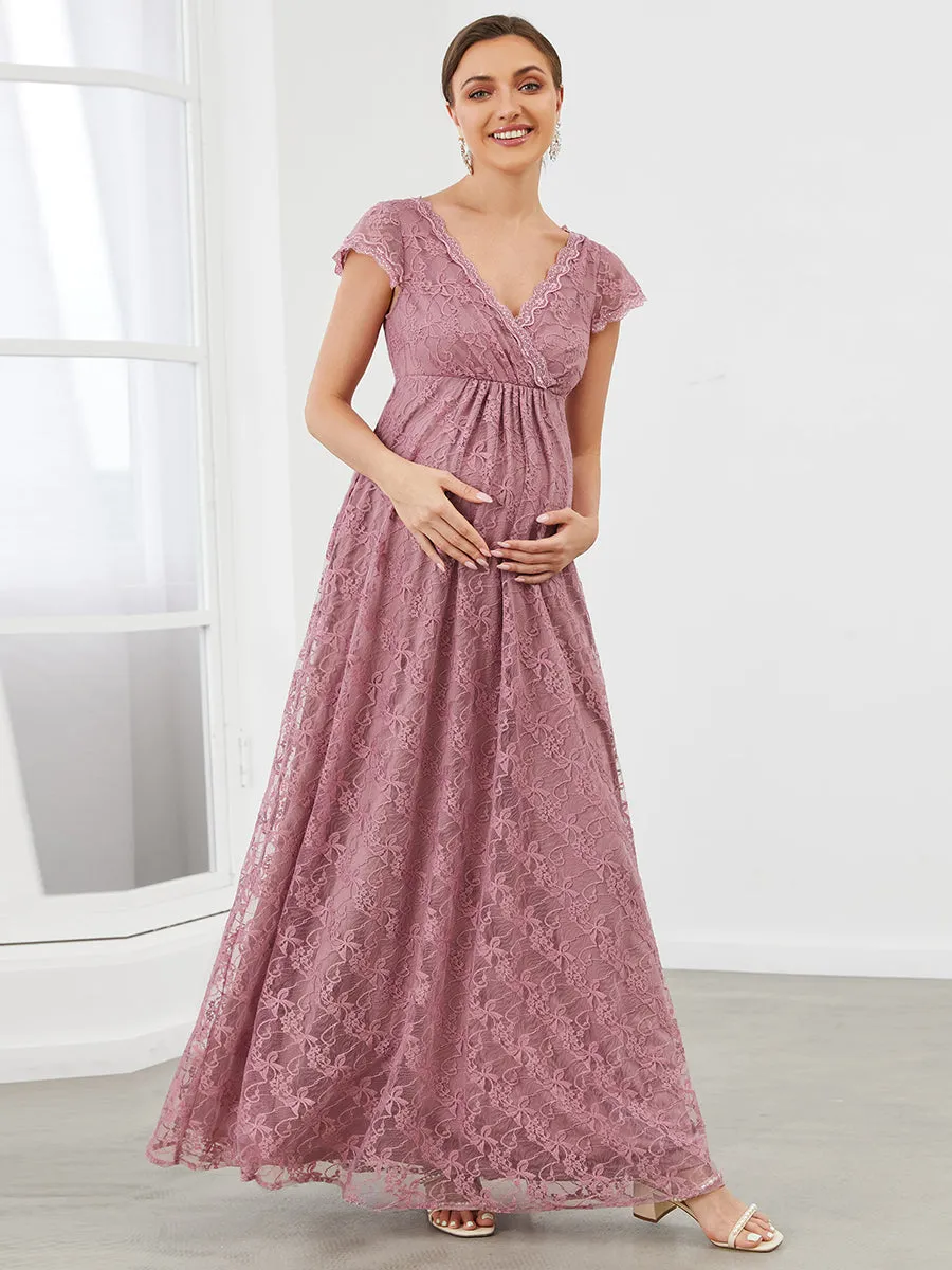 Robe de maternité A-ligne en dentelle à col en V et manches courtes