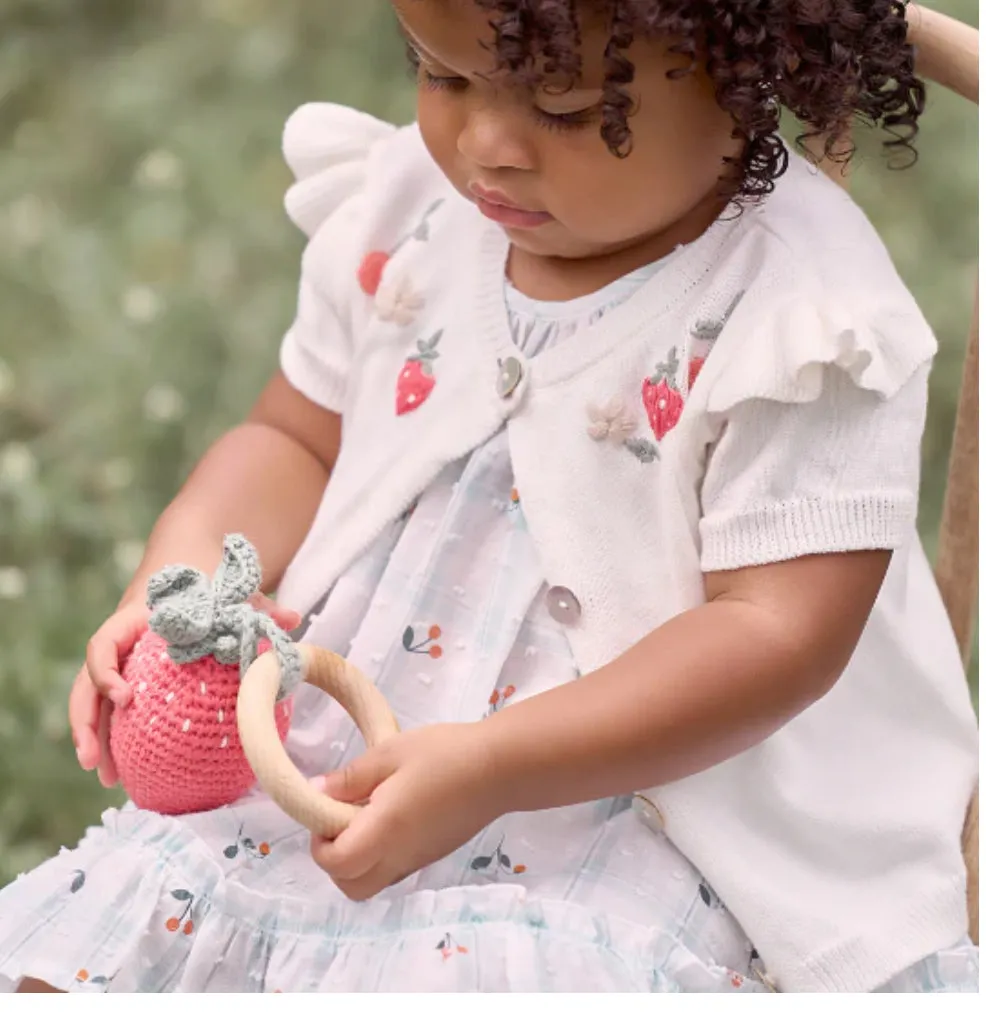 Strawberry Hand-Crocheted Wood Ring Rattle