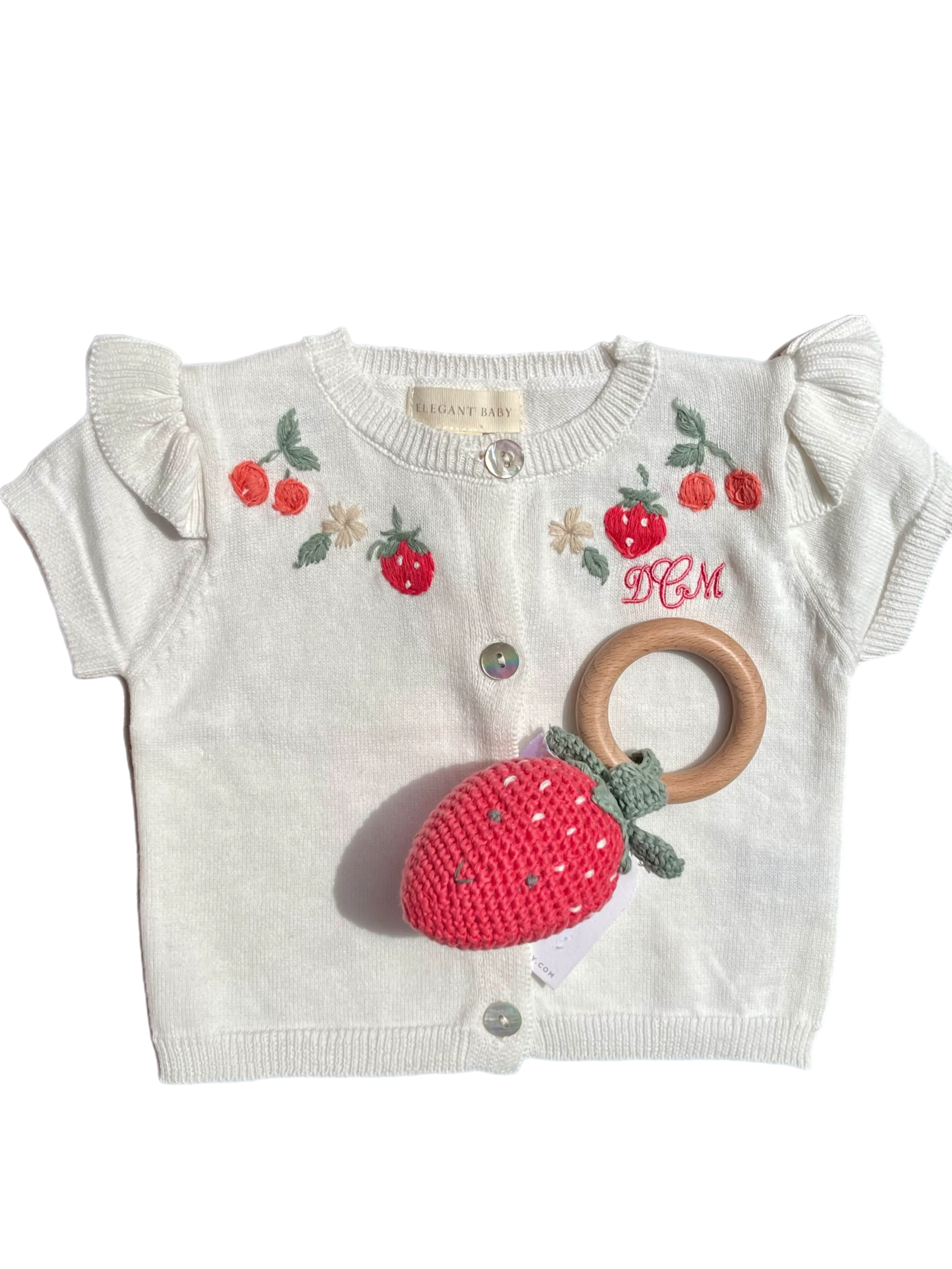Strawberry Hand-Crocheted Wood Ring Rattle